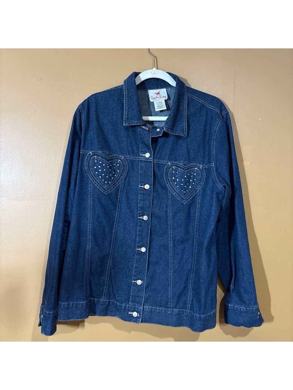HC441 Quacker Factory Denim XLJacket Heart Rhinestone Pocket